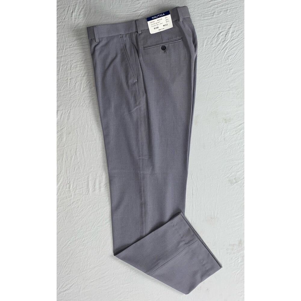Nautica Flat Front Stretch Dress Pants, Slacks. Gray Micro-Check, Men's 32X32.